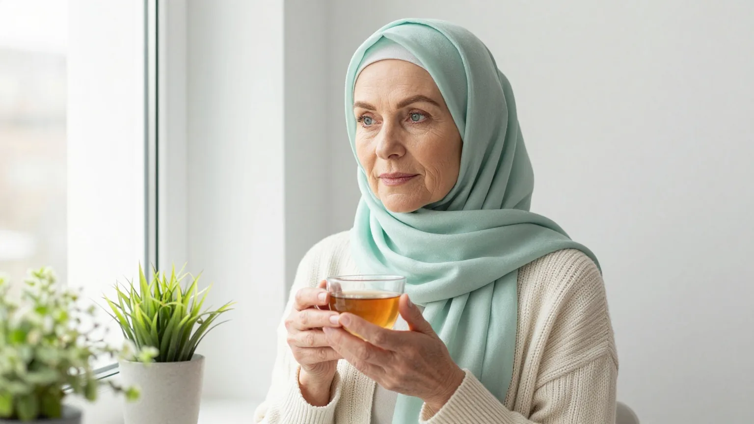 Frau um die fünfzig mit hellgrünem Kopftuch und cremefarbener Strickjacke sitzt mit einer Tasse Tee an einem hellen Fenster