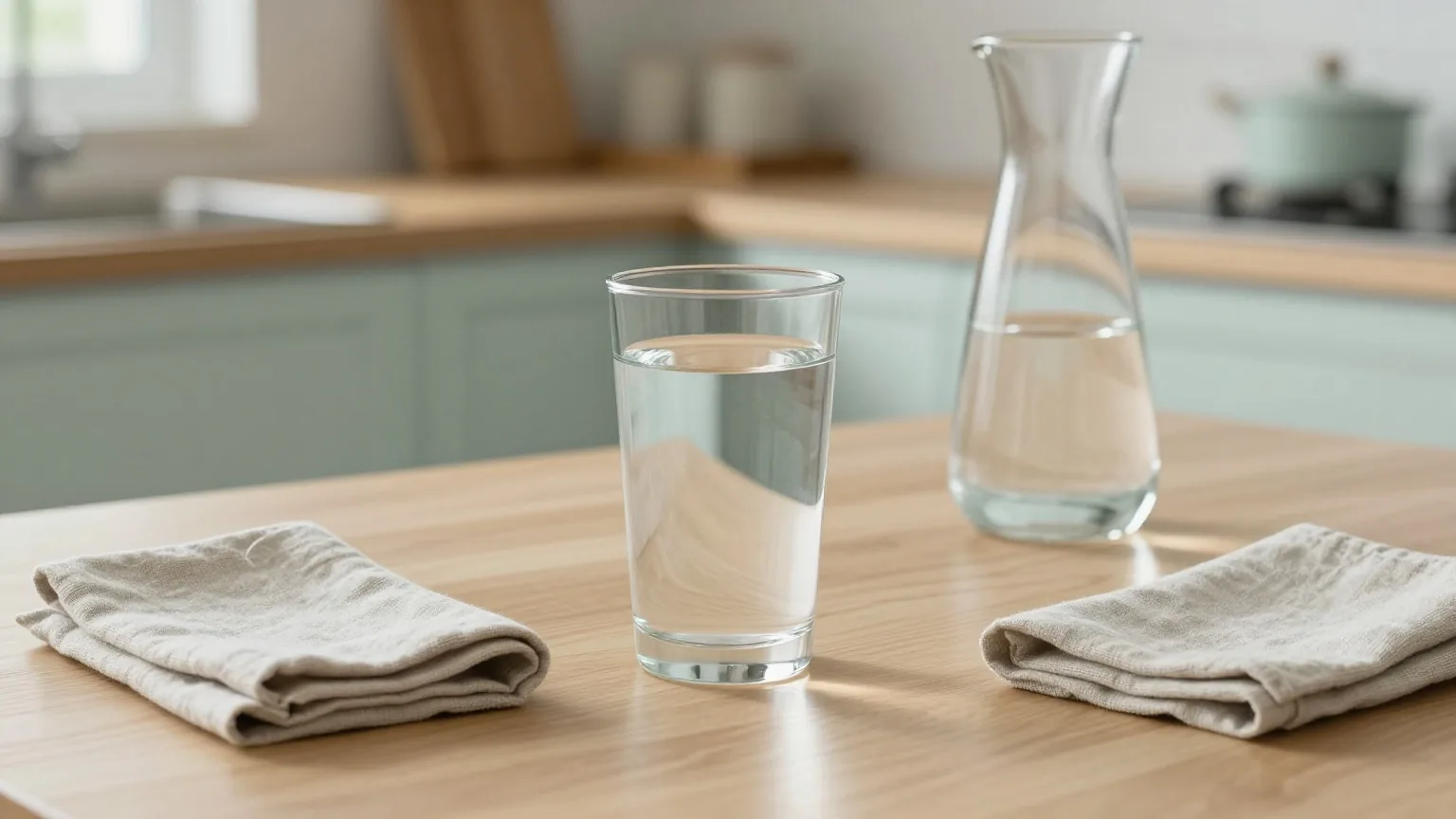 Großes Glas mit klarem Wasser und eine Glaskaraffe auf einem hellen Küchentisch aus Holz im warmen Licht einer Lampe am Abend