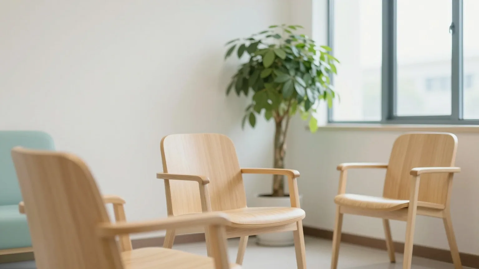 Ruhiger, heller Wartebereich einer Arztpraxis mit hellen Holzstühlen und einer Grünpflanze
