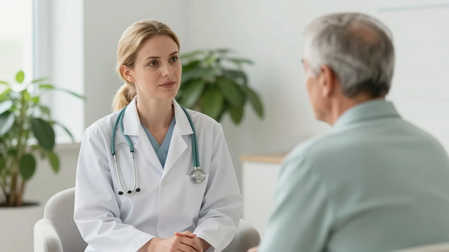 Ärztin und älterer Patient sitzen sich in einem hellen Sprechzimmer gegenüber und unterhalten sich ruhig