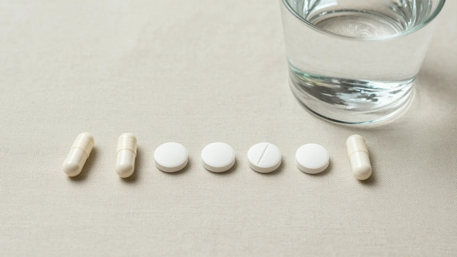 Wenige weiße Kapseln und runde Tabletten ohne Prägung in einer ordentlichen Reihe auf hellem Leinen neben einem Glas Wasser, von oben fotografiert