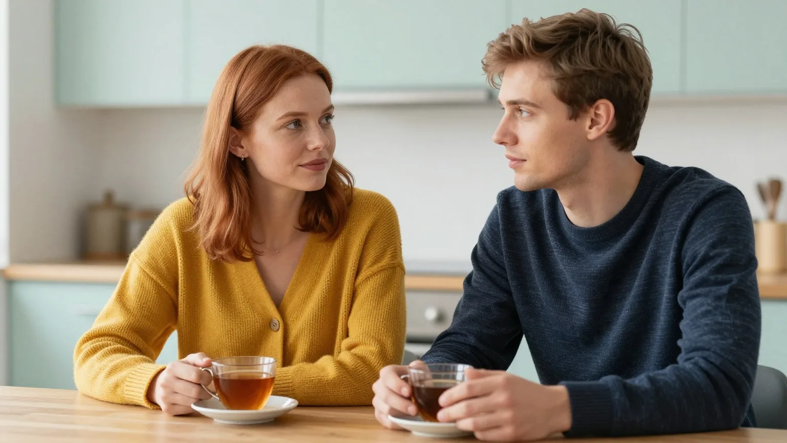 Frau Anfang dreißig mit schulterlangem kastanienbraunem Haar in einer senfgelben Strickjacke sitzt mit ihrem Bruder mit kurzem dunkelblondem Haar am Küchentisch, beide unterhalten sich ruhig bei einer Tasse Tee