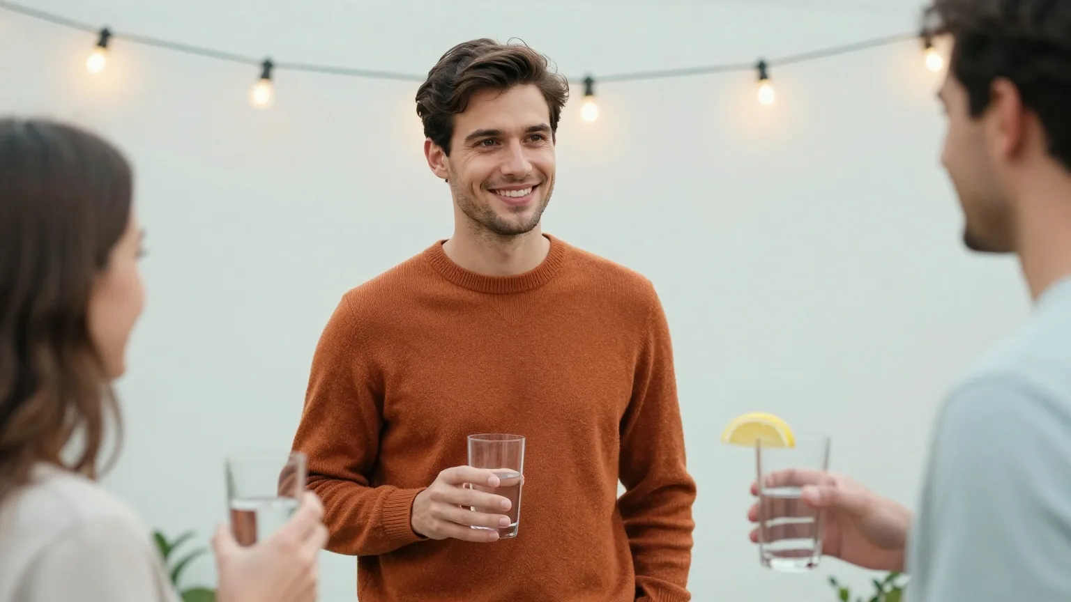 Mann Ende zwanzig mit kurzen dunkelbraunen Haaren im rostroten Pullover steht abends bei einem Gartenfest mit Freunden und hält ein Glas Wasser mit Zitrone