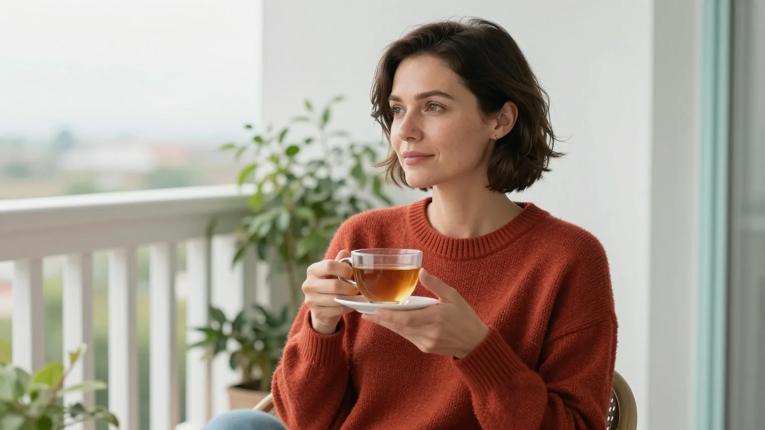 Frau Ende dreißig mit kurzem dunkelbraunem Haar und rostrotem Strickpullover sitzt morgens mit einer Tasse Tee auf einem hellen Balkon