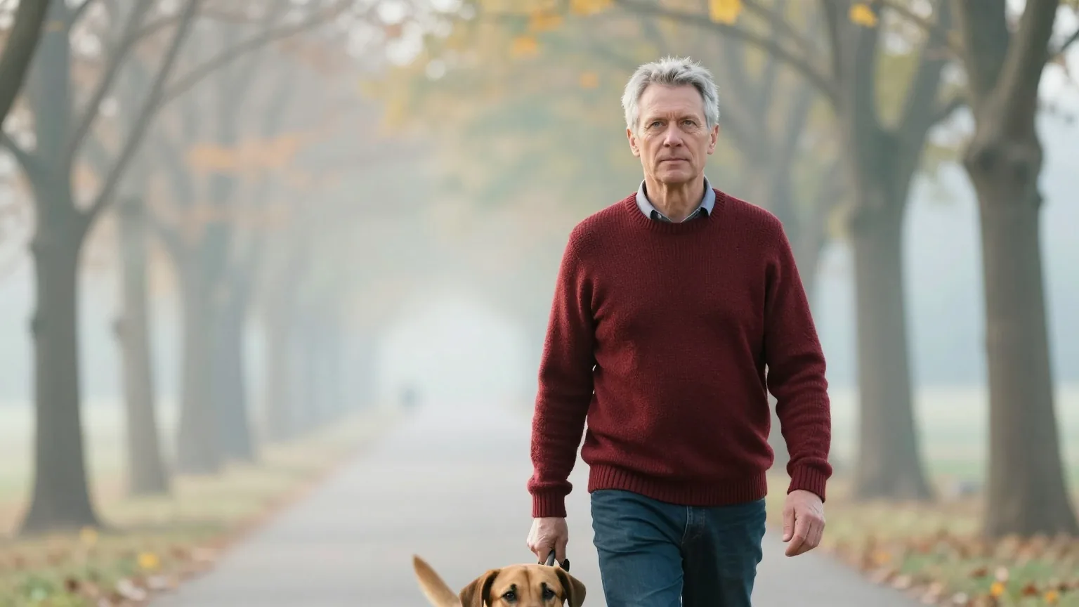 Mann Ende fünfzig mit kurzem grau meliertem Haar im dunkelroten Strickpullover geht morgens mit einem braunen Hund ruhig eine baumgesäumte Straße entlang