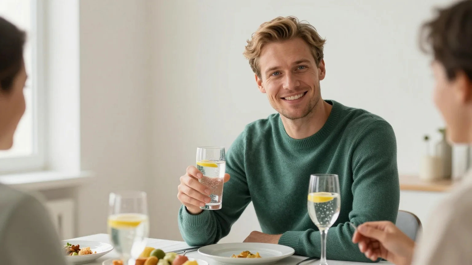 Mann Anfang dreißig mit kurzem dunkelblondem Haar im waldgrünen Strickpullover sitzt abends mit Freunden am Esstisch und hält ein Glas Mineralwasser mit Zitrone