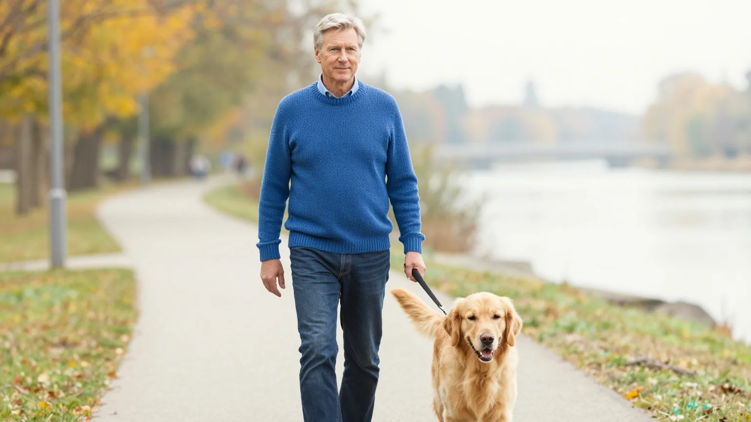 Mann Mitte sechzig mit kurzem graublondem Haar im kobaltblauen Strickpullover geht mit seinem Hund an einem herbstlichen Flussufer spazieren