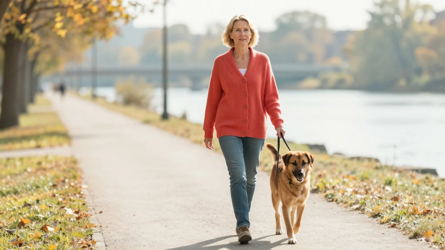 Frau Mitte vierzig mit kurzem blondem Haar in einer korallenroten Strickjacke geht an einem sonnigen Herbsttag mit ihrem Hund auf einem Weg am Fluss spazieren