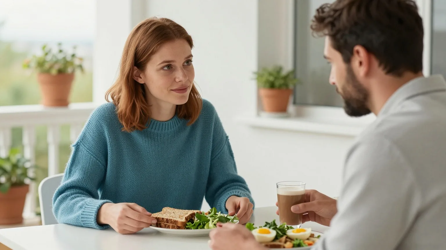 Eine junge Frau mit schulterlangem kastanienbraunem Haar im petrolfarbenen Strickpullover und ein Mann mit kurzem dunkelbraunem Haar und kurzem Bart frühstücken an einem weißen Tisch auf einem sonnigen Balkon mit Vollkornbrot, Eiern und Salat