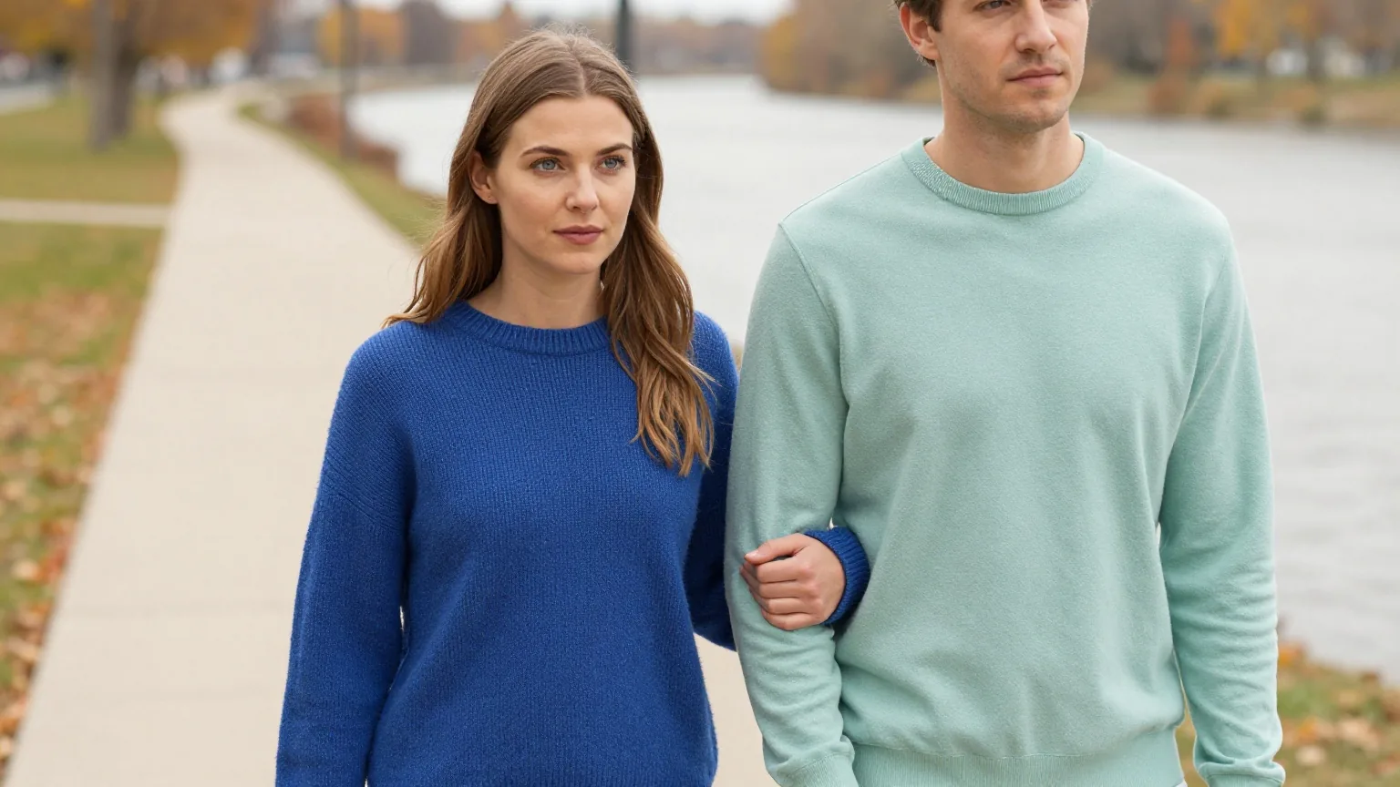 Frau Ende zwanzig mit langem hellbraunem Haar im kobaltblauen Strickpullover geht mit ihrem Partner an einem Herbstnachmittag einen Weg am Flussufer entlang