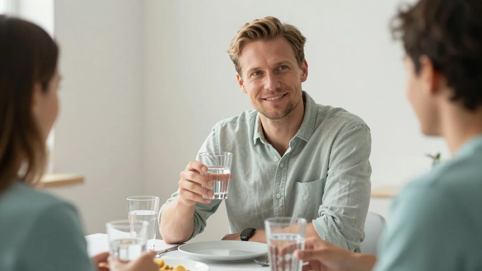 Mann mit kurzen dunkelblonden Haaren sitzt abends mit Freunden am gedeckten Tisch und hält lächelnd ein Glas Wasser