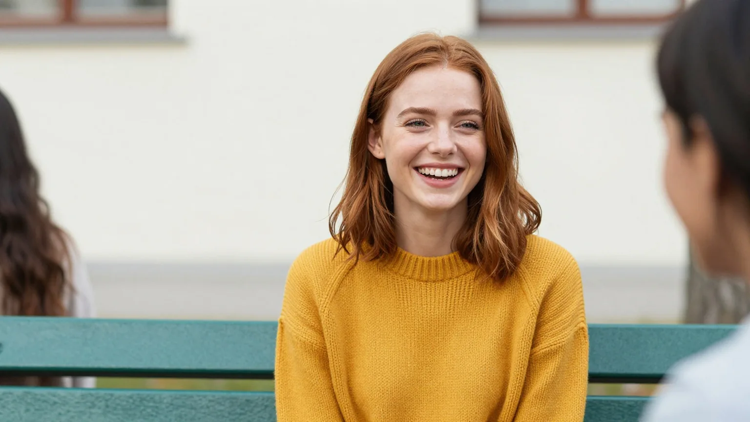 Junge Frau Anfang zwanzig mit schulterlangem rotbraunem Haar im senfgelben Strickpullover sitzt lachend mit einer dunkelhaarigen Freundin im Herbst auf einer Parkbank