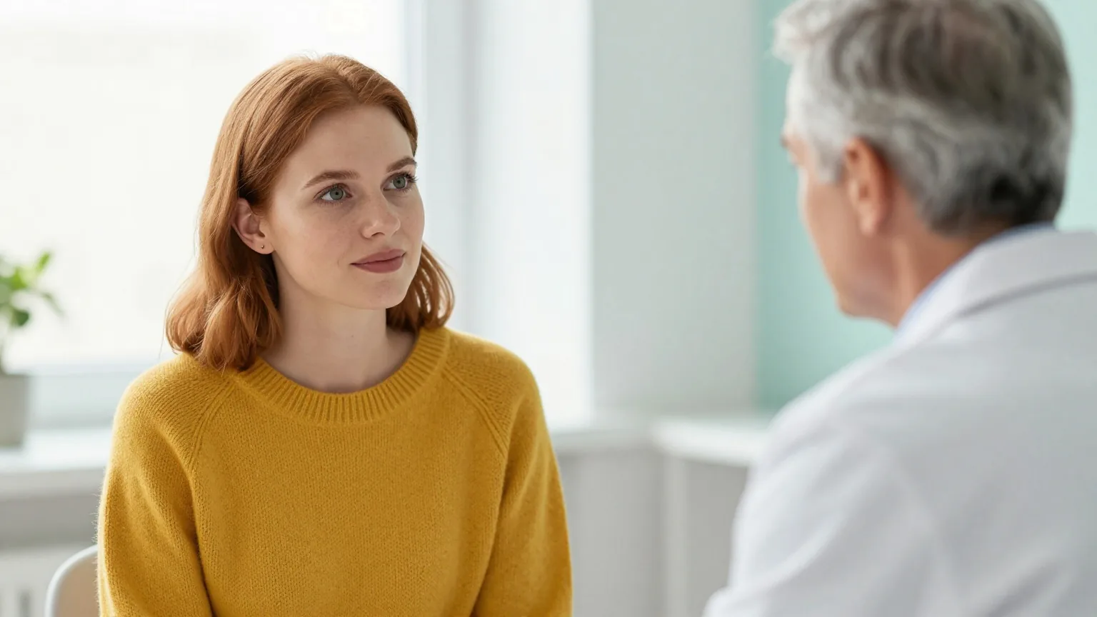 Frau Anfang dreißig mit schulterlangem rotbraunem Haar und senfgelbem Strickpullover sitzt einem grauhaarigen Neurologen im hellen Sprechzimmer gegenüber und hört aufmerksam zu