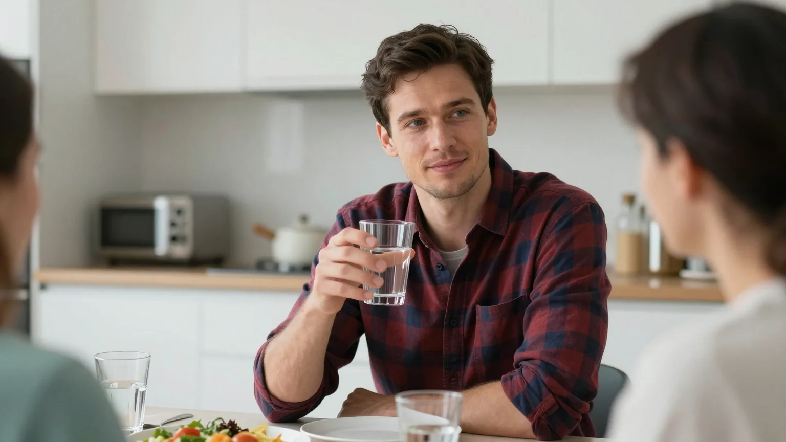 Mann Ende zwanzig mit kurzem dunkelbraunem Haar im karierten Hemd sitzt mit Freunden am Esstisch in einer hellen Küche und hält ein Glas Wasser