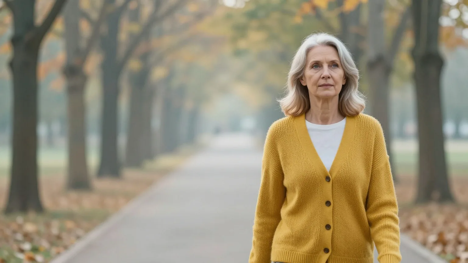 Frau Anfang sechzig mit schulterlangem silberblondem Haar geht an einem Herbstmorgen mit ihrer erwachsenen Tochter einen Parkweg entlang