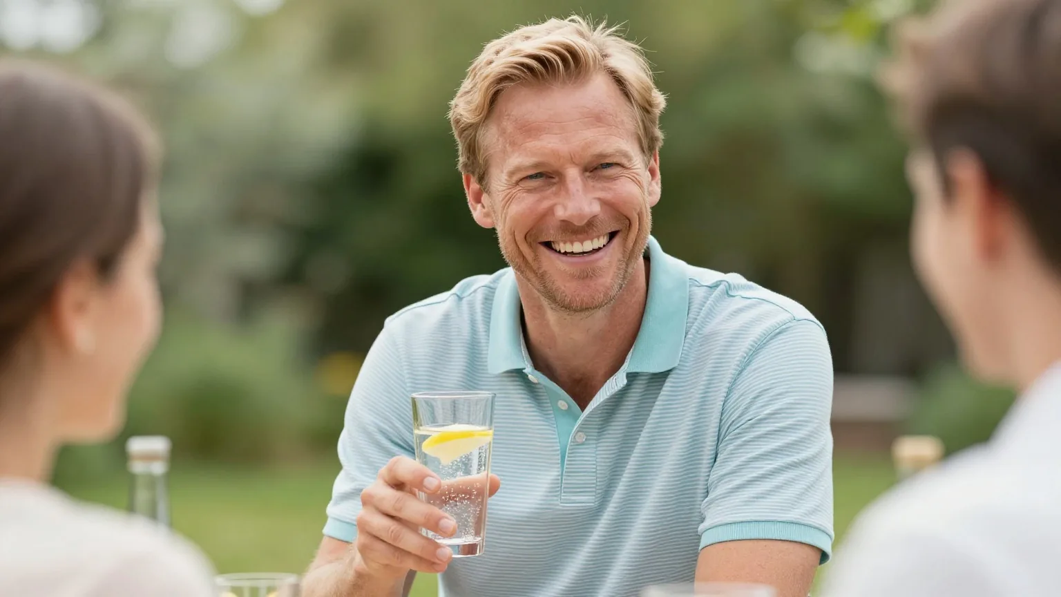 Mann Mitte fünfzig mit kurzem rotblondem Haar und gestreiftem Polohemd hält bei einem Gartenfest lachend ein Glas Mineralwasser mit Zitrone