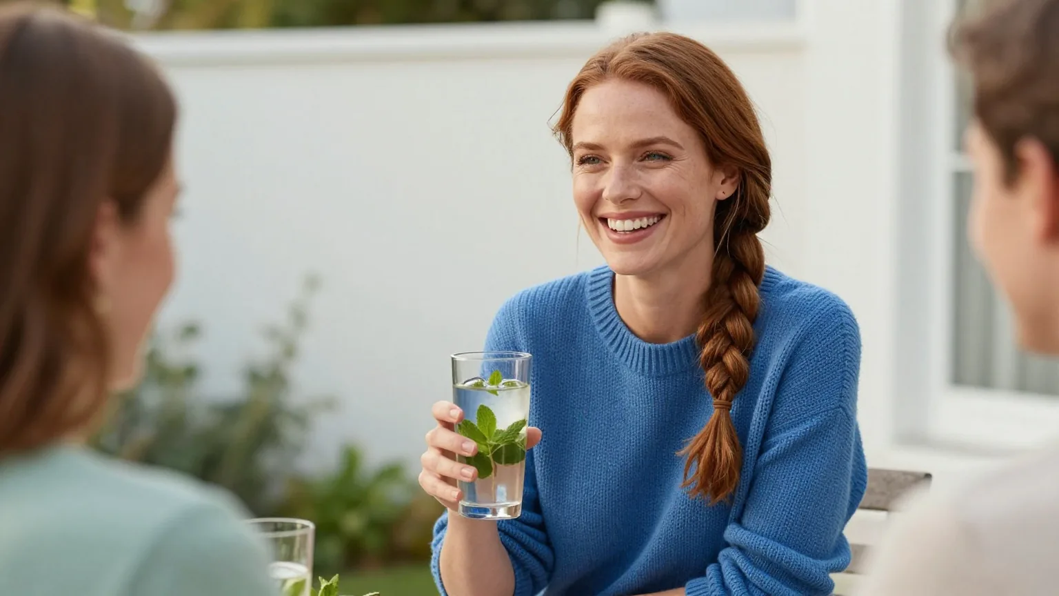 Frau Ende dreißig mit langem rotbraunem Zopf im kobaltblauen Strickpullover lacht mit Freunden auf einer Gartenterrasse und hält ein Glas Eiswasser mit Minze