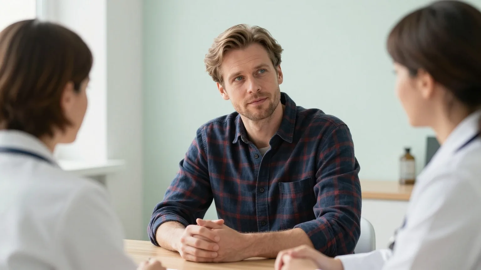 Mann Ende vierzig mit dunkelblondem Haar im karierten Hemd sitzt in einem hellen Sprechzimmer einer Ärztin gegenüber, beide sprechen ruhig miteinander