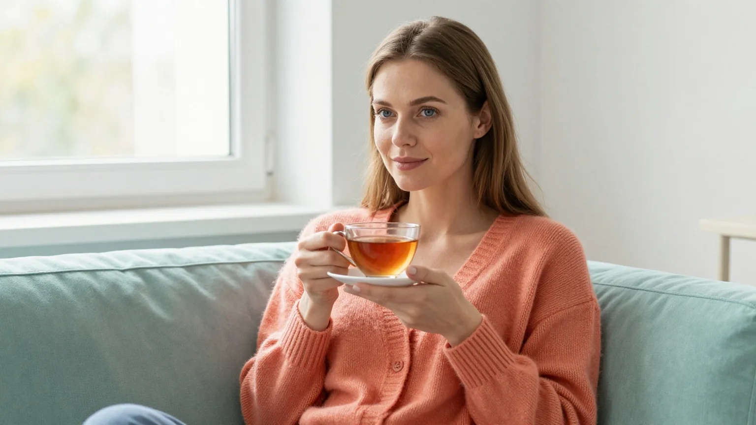 Frau Mitte dreißig mit langem hellbraunem Haar und korallenroter Strickjacke sitzt entspannt mit einer Tasse Tee am Fenster auf einem Sofa