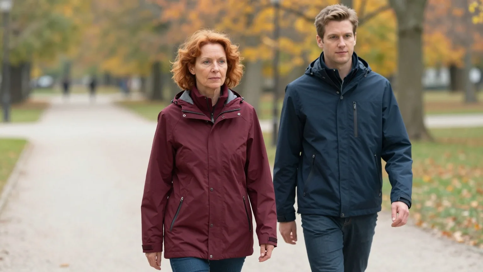 Frau Ende vierzig mit kinnlangem, welligem kupferrotem Haar in einer weinroten Regenjacke geht mit einem Freund in dunkelblauer Jacke zügig auf einem Weg durch einen herbstlichen Park