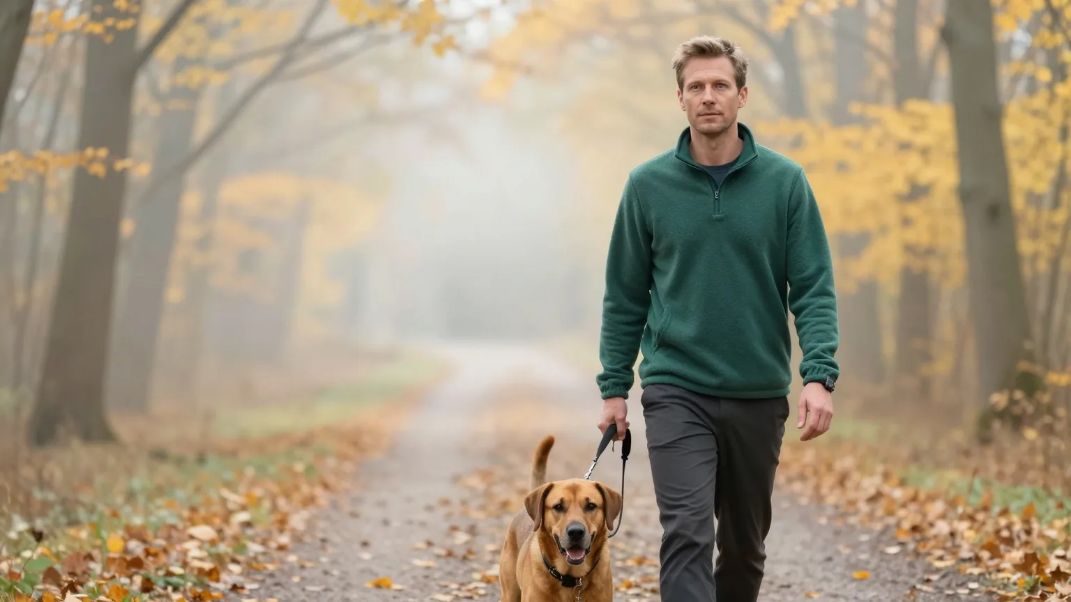 Mann Mitte vierzig mit kurzem dunkelblondem Haar in einem dunkelgrünen Fleecepullover geht mit einem Hund an der Leine durch einen herbstlichen Wald