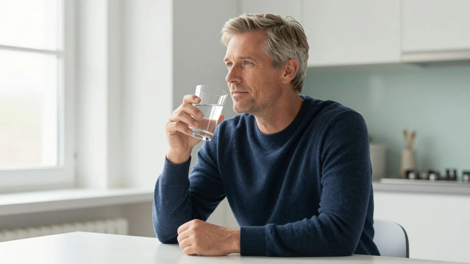 Mann Ende vierzig sitzt mit einem Glas Wasser am Küchentisch und blickt entspannt aus dem Fenster