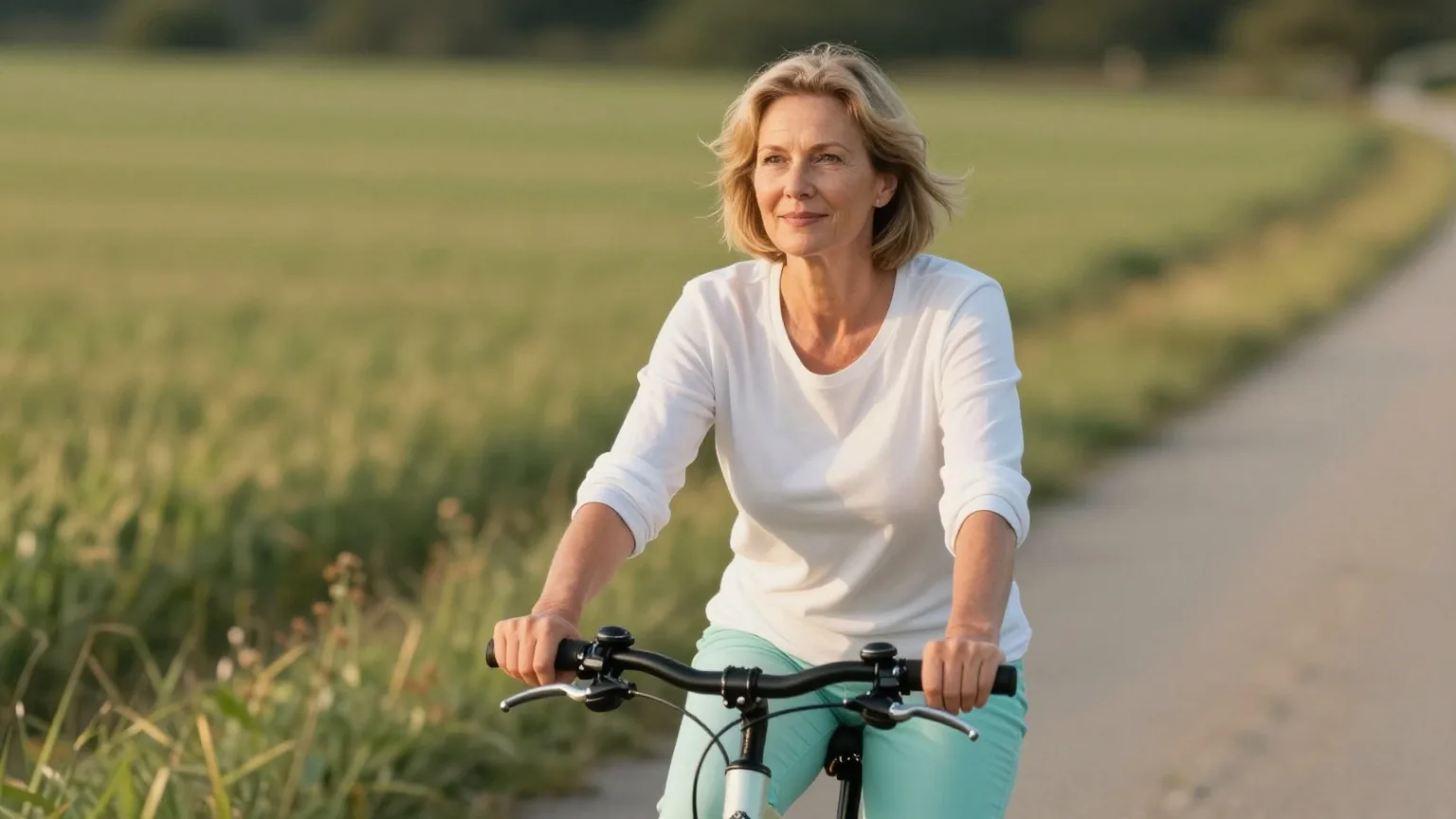 Frau Ende fünfzig mit dunkelblondem Pagenkopf radelt an einem Sommerabend auf einem Feldweg