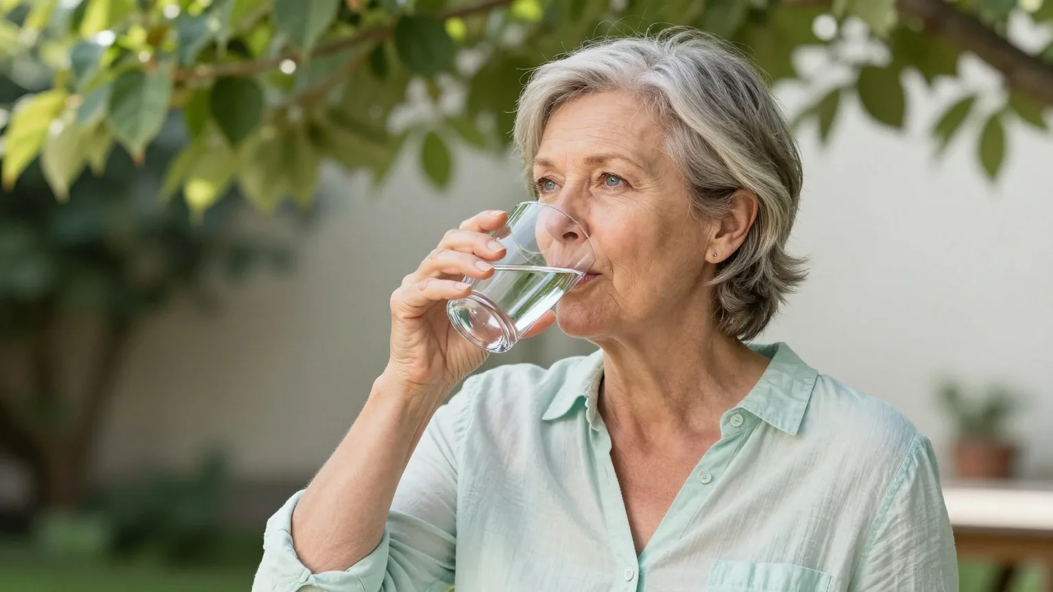 Frau Mitte sechzig mit kurzem grauem Haar trinkt an einem warmen Sommertag im Schatten eines Gartens ein Glas Wasser
