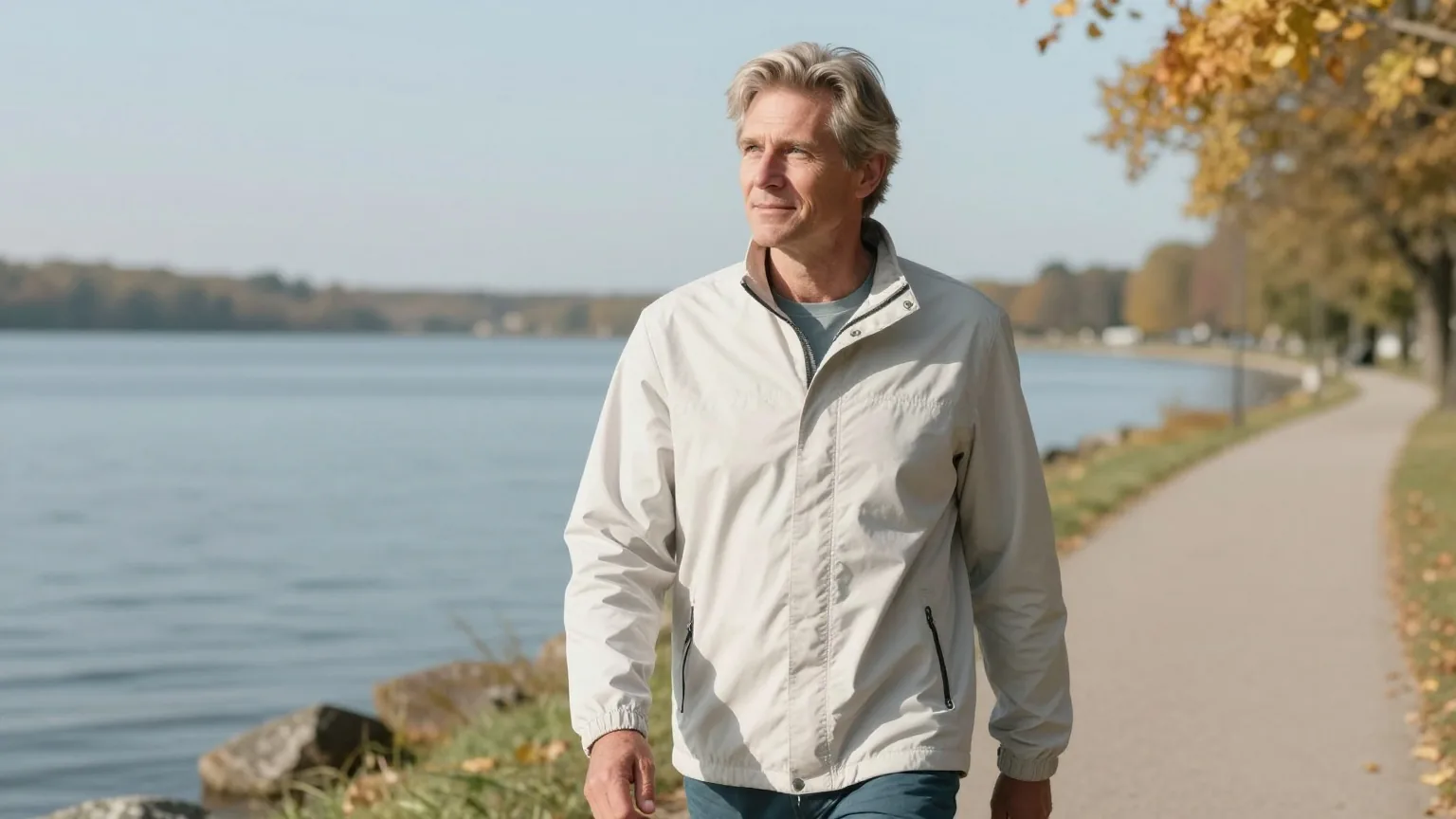 Mann um die fünfzig mit graublondem Haar geht an einem Herbsttag auf einem Uferweg an einem See spazieren
