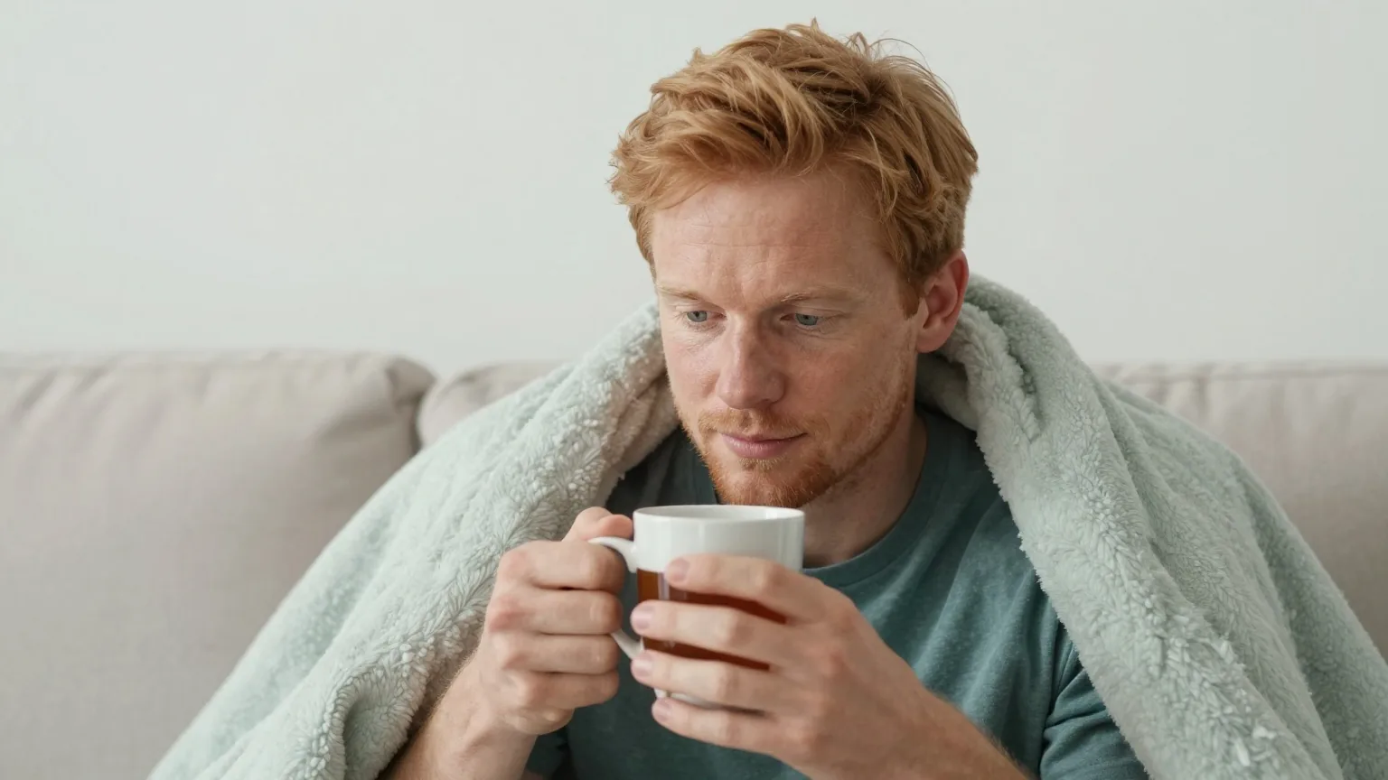 Mann Mitte dreißig mit rotblondem Haar liegt erkältet unter einer Wolldecke auf dem Sofa und hält eine Tasse Tee