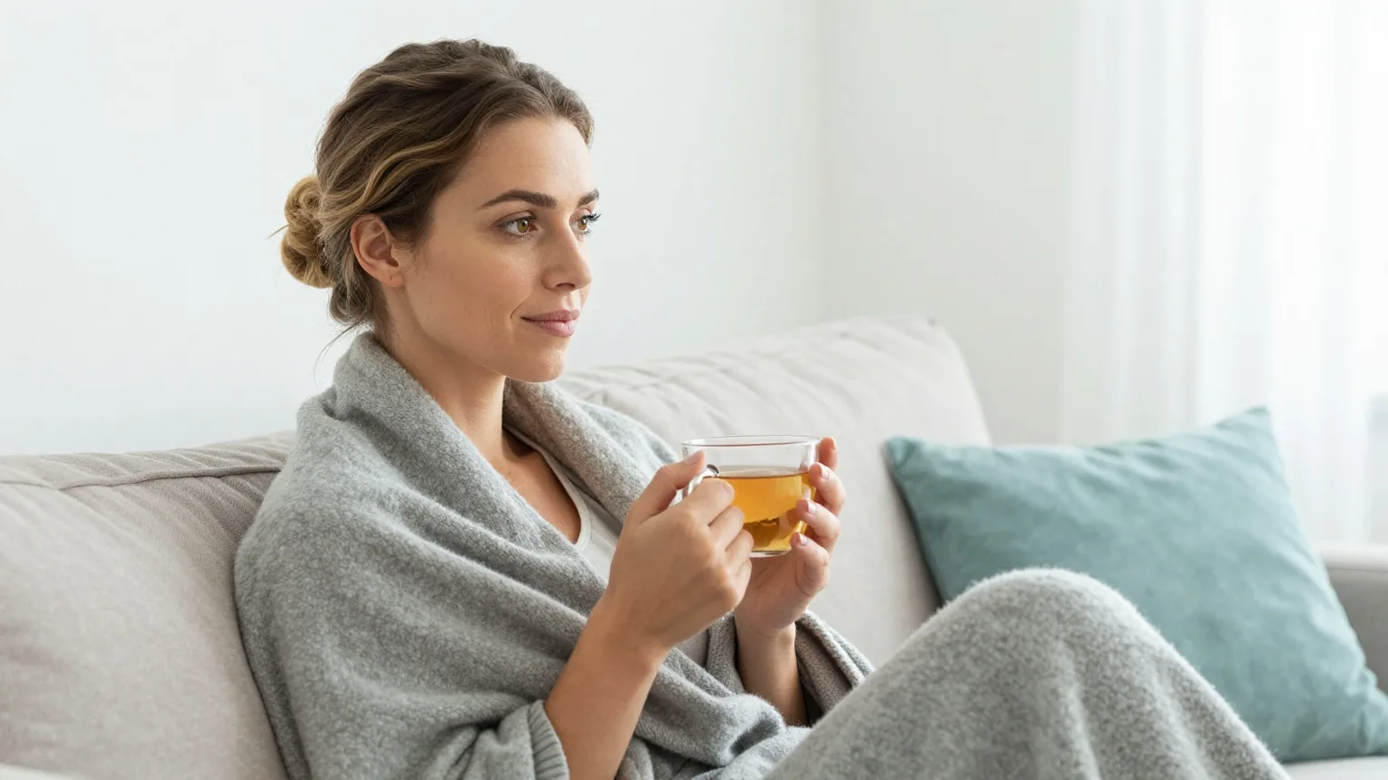 Frau Mitte dreißig sitzt in eine Decke gehüllt mit einer Tasse Tee auf dem Sofa und erholt sich