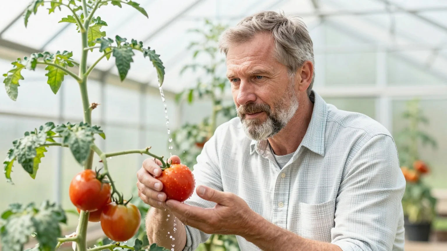 Mann Mitte sechzig mit grauem Bart gießt am Morgen Tomatenpflanzen in einem hellen Gewächshaus