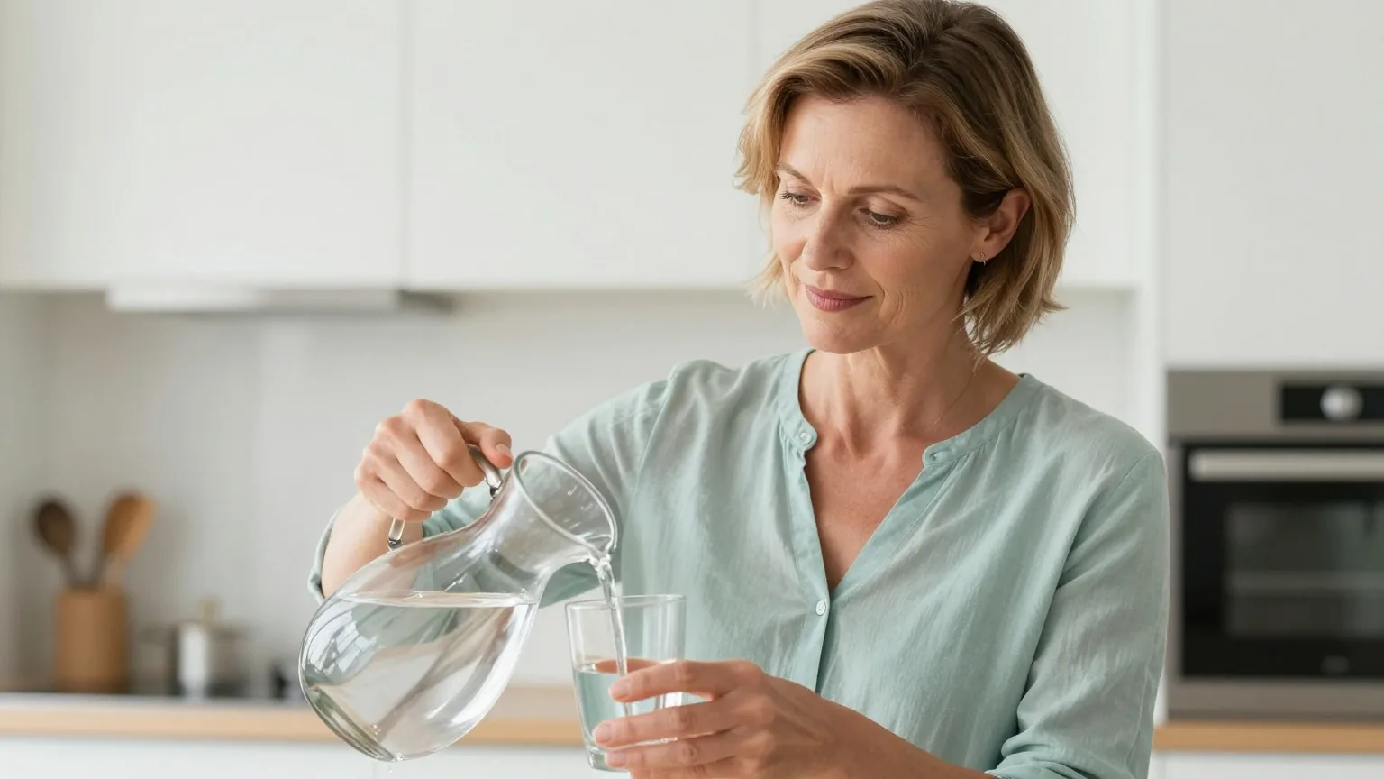 Frau Mitte fünfzig mit kurzem dunkelblondem Haar schenkt sich in einer hellen Küche ein Glas Wasser aus einer Karaffe ein