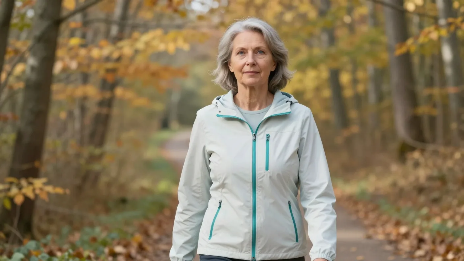 Frau Anfang sechzig mit kurzem grauem Haar geht an einem Herbstmorgen zügig auf einem Waldweg spazieren