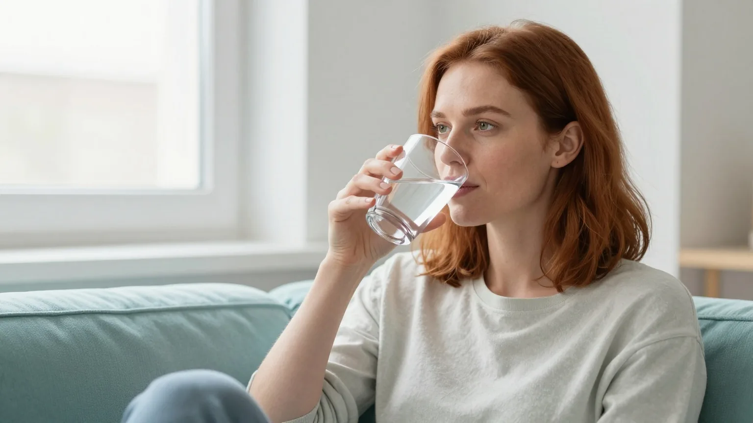 Frau Ende zwanzig mit rotbraunem Haar sitzt am Morgen auf einem Sofa am Fenster und trinkt ein Glas Wasser