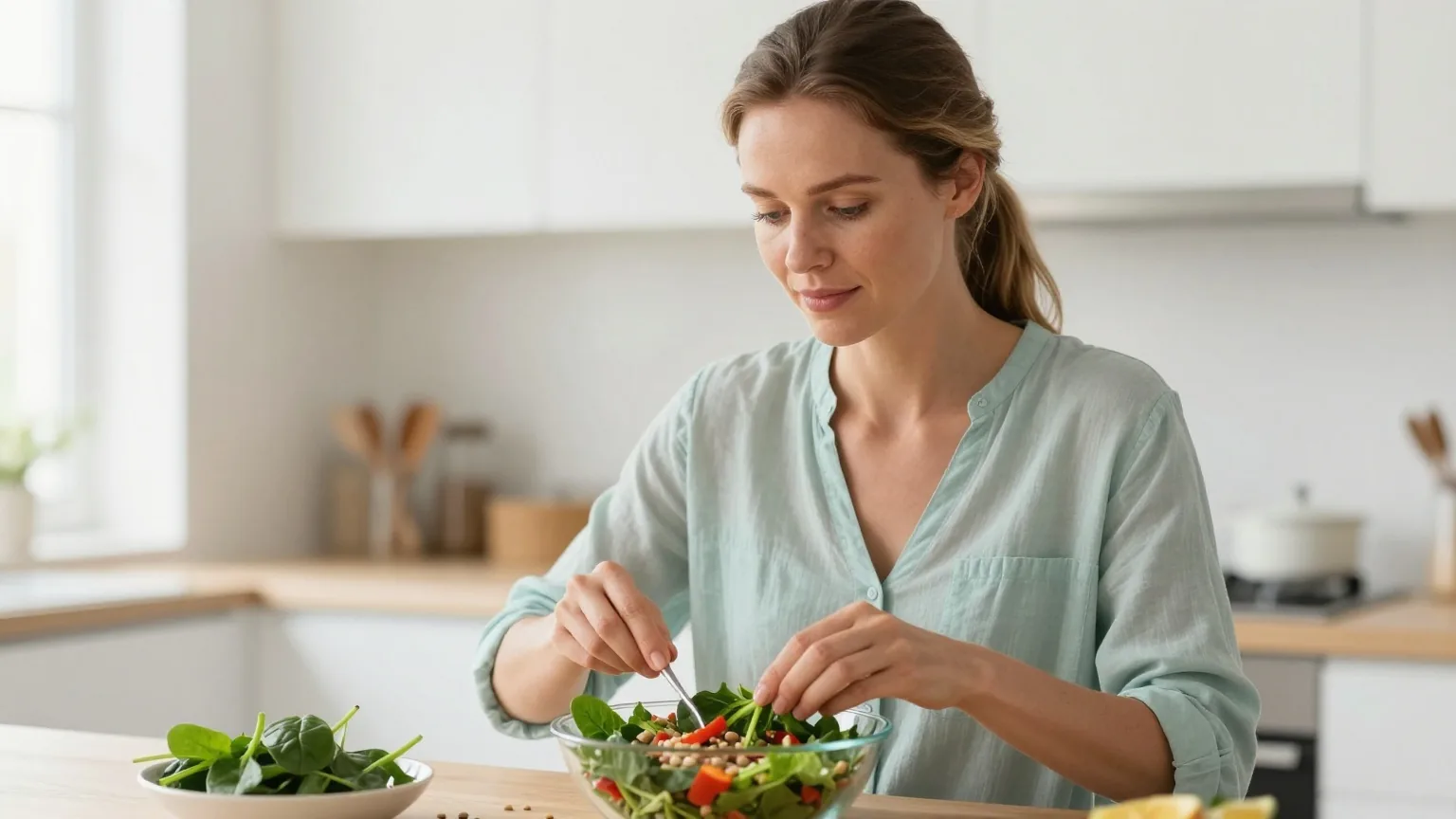 Frau Mitte dreißig mit dunkelblondem Pferdeschwanz bereitet in einer hellen Küche einen Salat mit Spinat, Linsen und Paprika zu