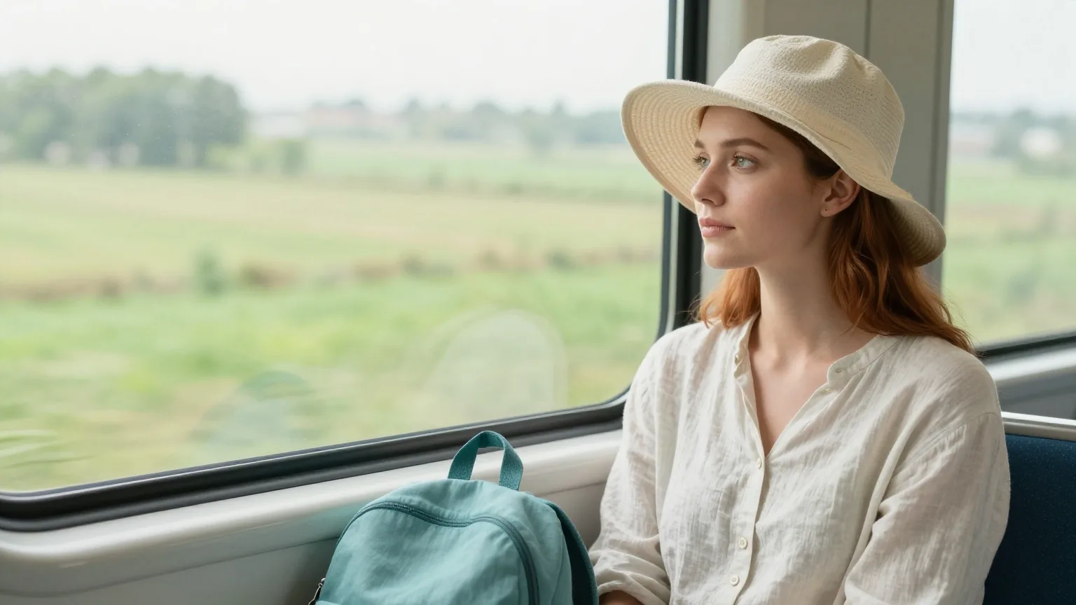 Frau Anfang dreißig mit rotbraunem Haar und Sonnenhut sitzt mit einem Rucksack am Zugfenster und blickt auf eine grüne Landschaft