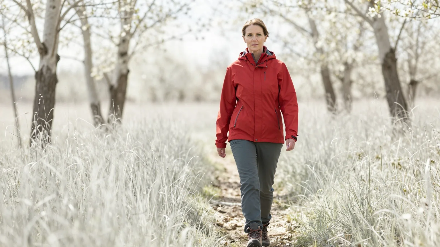 Frau Mitte vierzig mit hellbraunem Haar in roter Regenjacke und Wanderschuhen geht an einem sonnigen Frühlingstag auf einem Waldweg mit hohem Gras