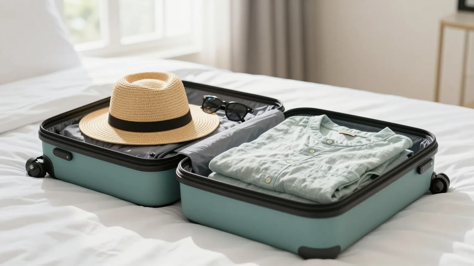 Gepackter Koffer mit Strohhut, Sonnenbrille und hellen Leinenhemden auf einem Bett in einem hellen Zimmer