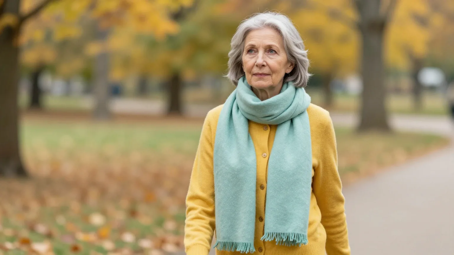 Frau Ende sechzig mit kurzem grauem Haar in senfgelber Strickjacke geht an einem kühlen Herbsttag mit einem Schal durch einen Park mit buntem Laub