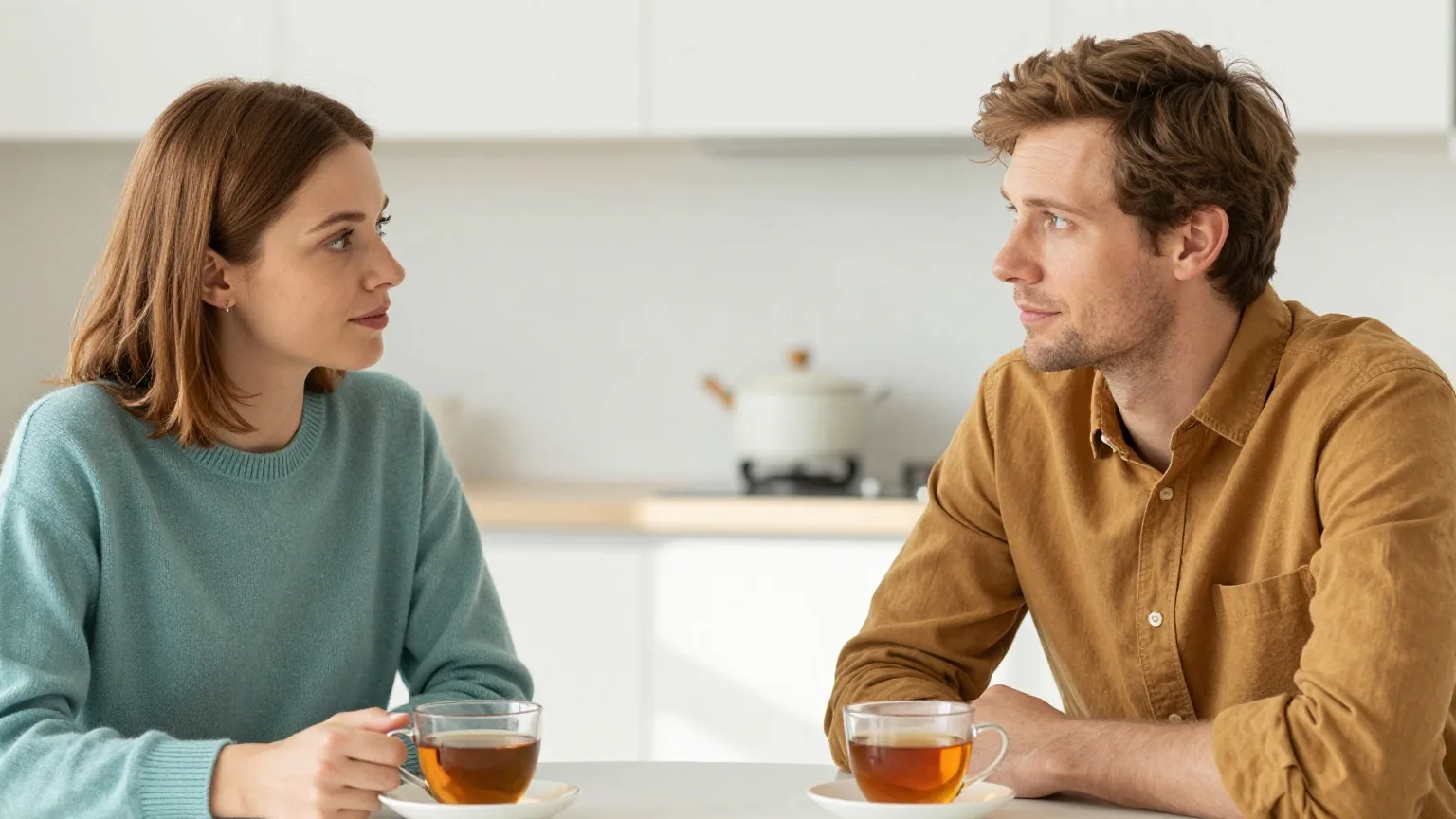 Paar Mitte dreißig sitzt am hellen Küchentisch und unterhält sich ruhig bei einer Tasse Tee
