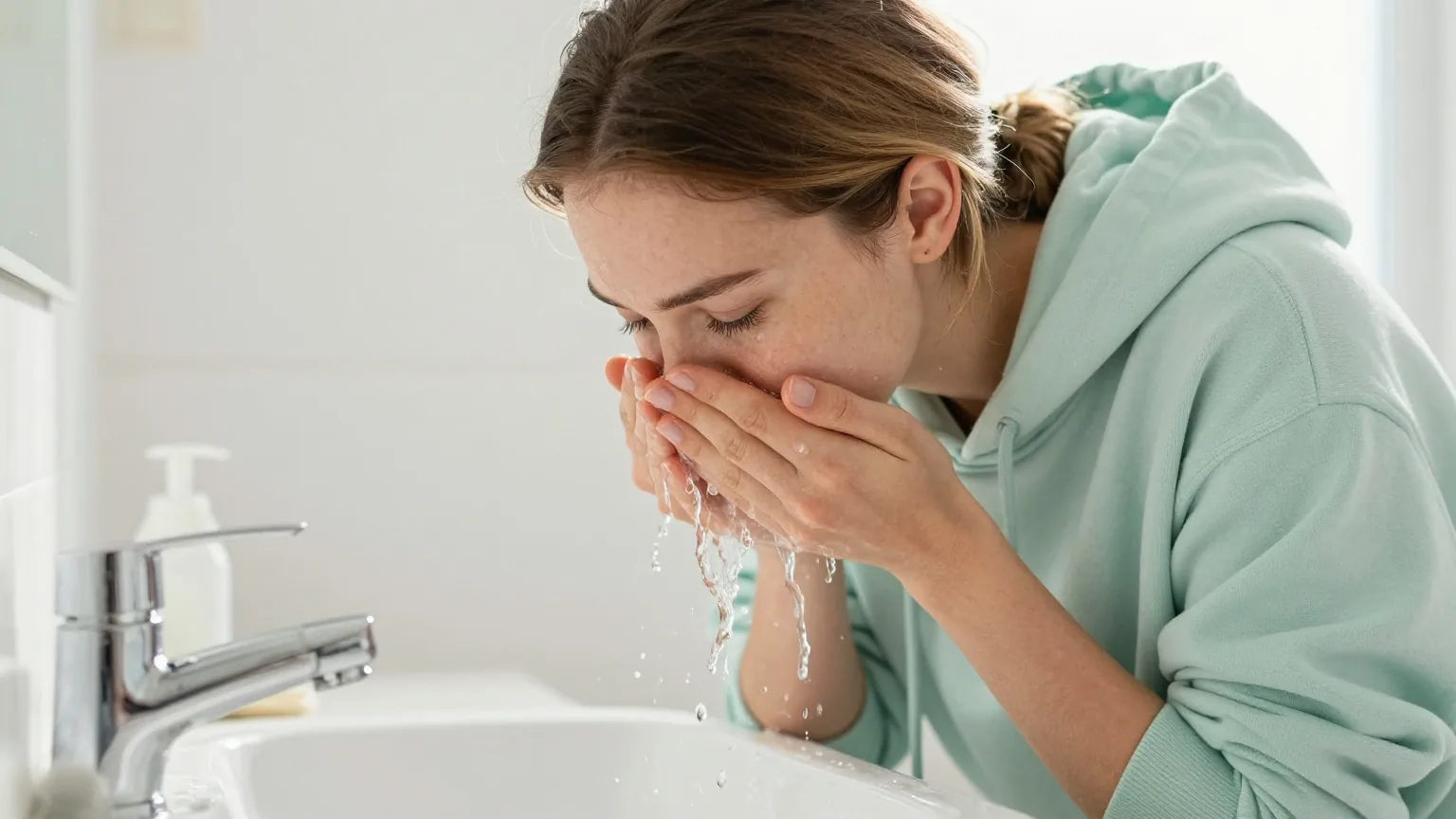 Junge Frau Anfang zwanzig mit dunkelblondem Haar und Sommersprossen in einem hellgrünen Kapuzenpullover wäscht sich in einem hellen Bad am Waschbecken das Gesicht mit Wasser
