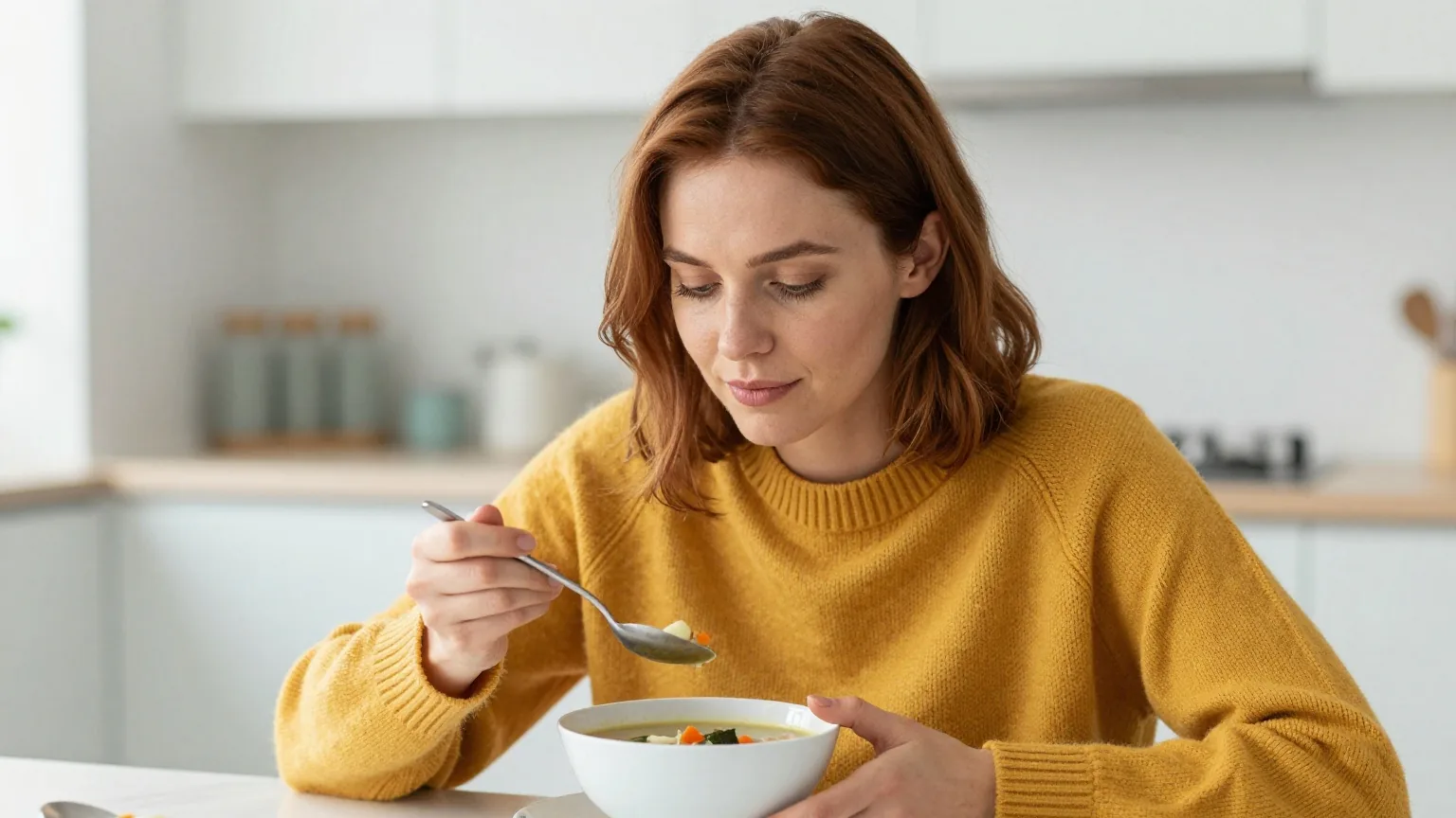 Frau Anfang dreißig mit kastanienbraunem Haar in einem senfgelben Strickpullover sitzt an einem hellen Küchentisch und isst vorsichtig eine Schale Gemüsesuppe