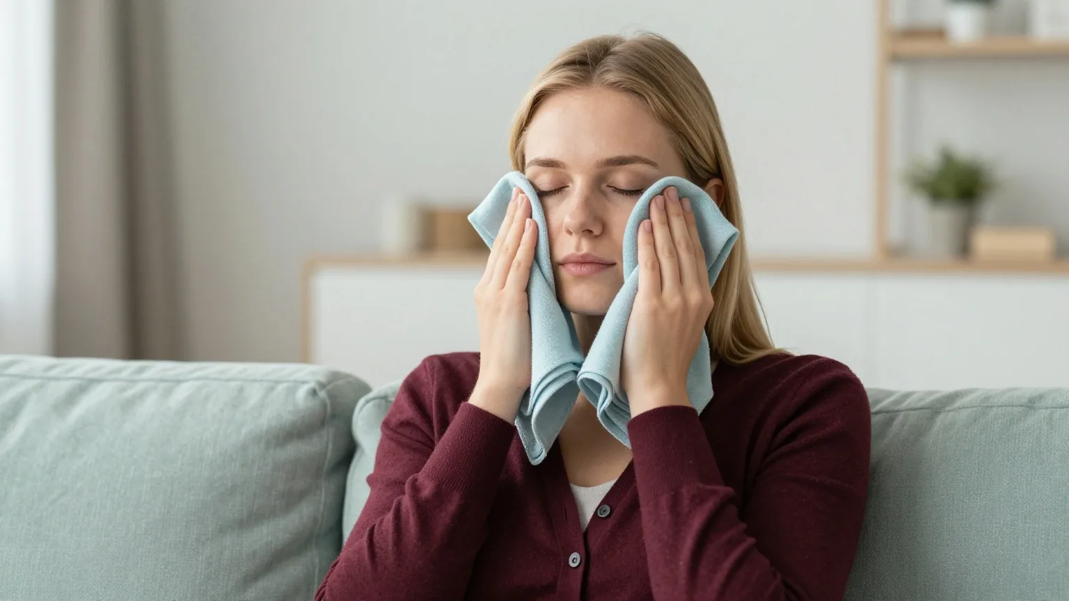 Frau Mitte zwanzig mit blonden Haaren und blauen Augen in einer weinroten Strickjacke sitzt auf einem Sofa und legt sich ein kühles, gefaltetes Tuch auf die geschlossenen Augen