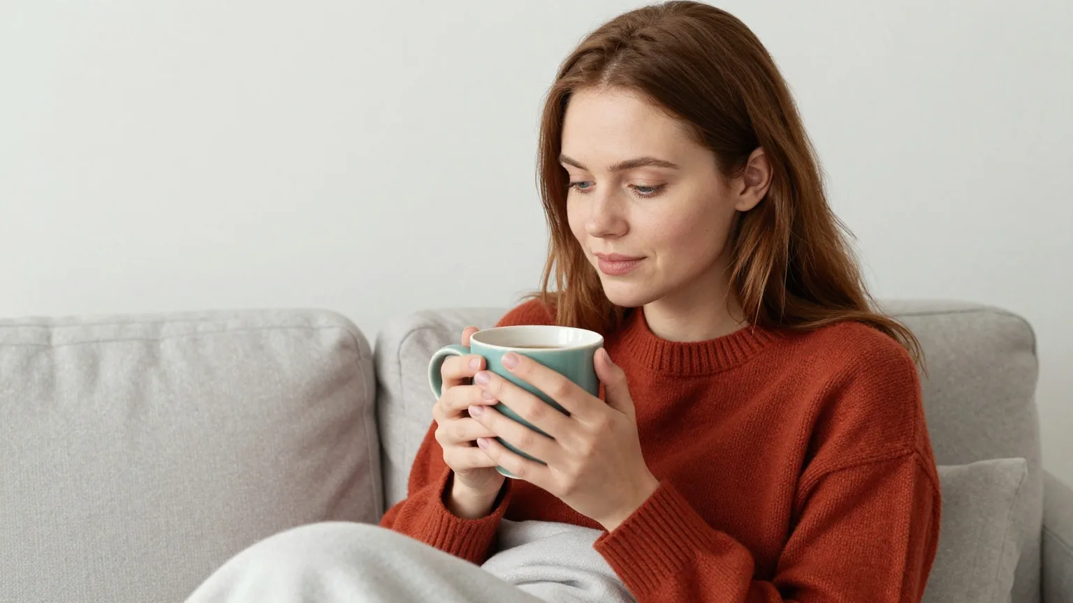 Frau Ende zwanzig mit langem kastanienbraunem Haar im rostroten Wollpullover sitzt unter einer hellgrauen Decke auf dem Sofa und hält eine große Tasse Tee mit beiden Händen