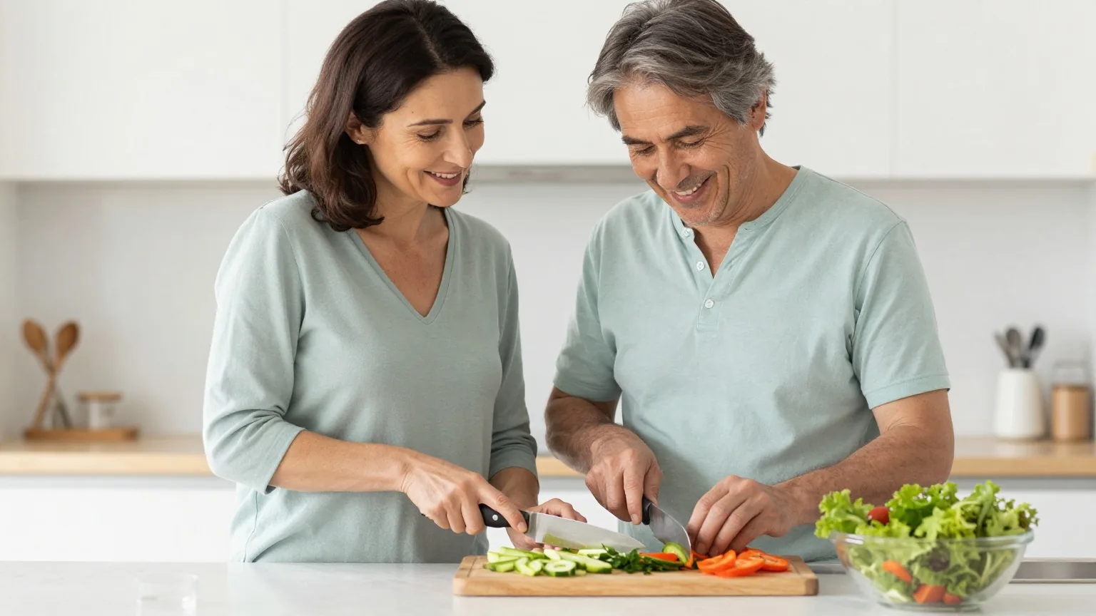 Paar mittleren Alters bereitet gemeinsam in einer hellen Küche einen frischen Salat zu