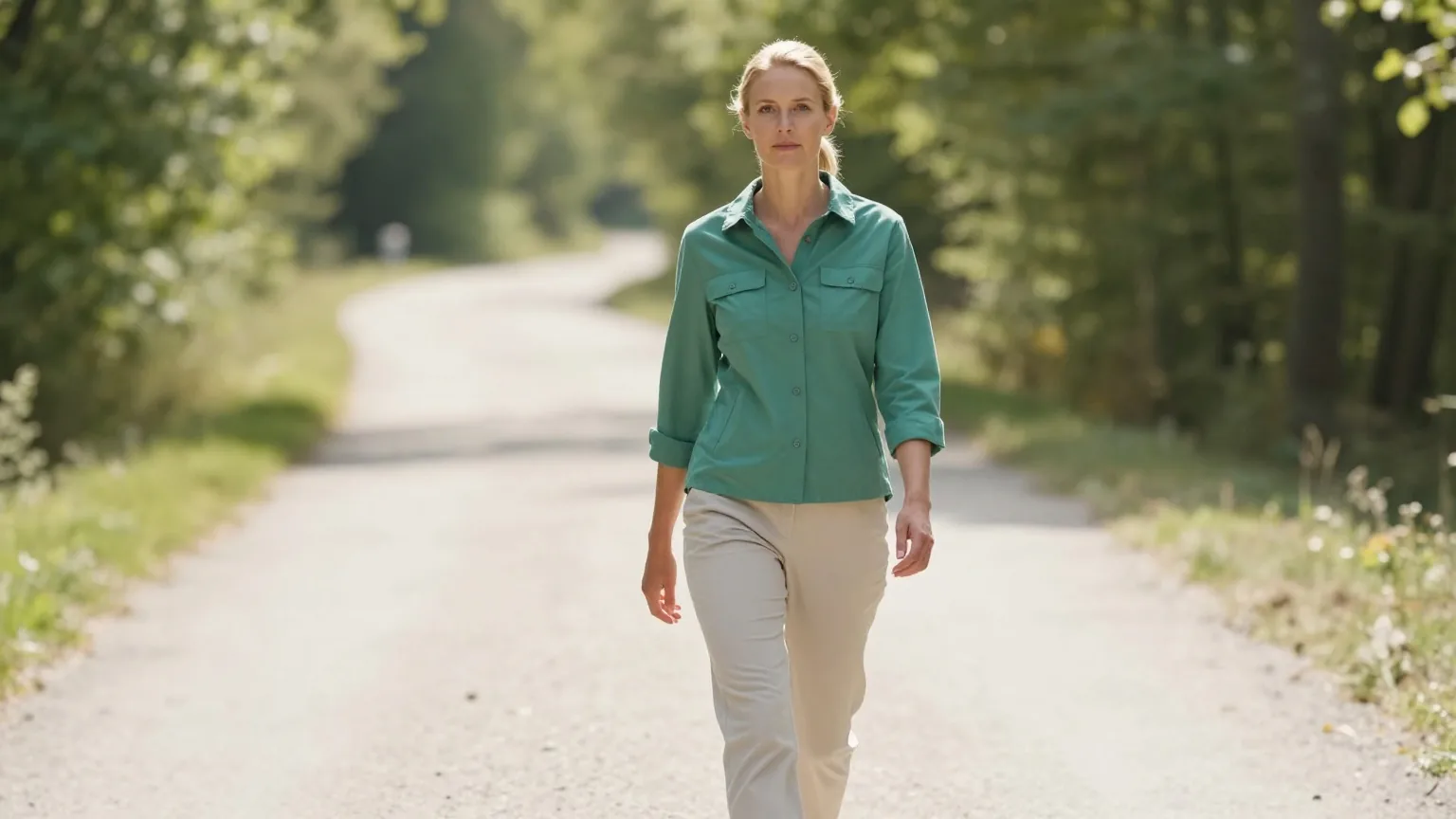 Frau Mitte dreißig mit blondem Pferdeschwanz in einem grünen Funktionsshirt und langer heller Wanderhose geht auf einem breiten Waldweg im Sommerlicht