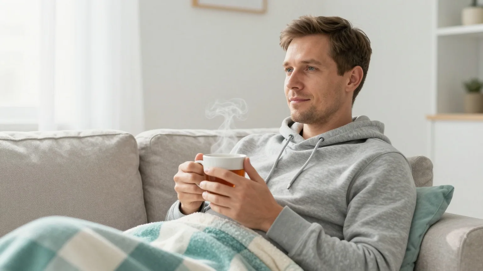 Mann Mitte vierzig mit kurzem braunem Haar liegt in einem grauen Kapuzenpullover unter einer karierten Wolldecke auf dem Sofa und hält eine dampfende Tasse Tee
