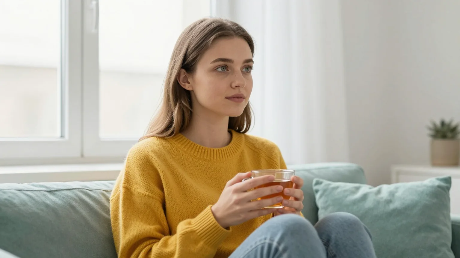 Junge Frau mit hellbraunem Haar sitzt in einem senfgelben Pullover auf einem Sofa in einem hellen Wohnzimmer und telefoniert ruhig