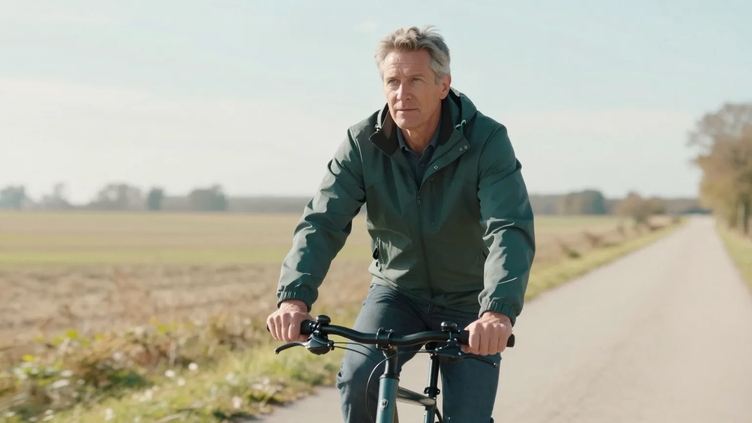 Mann Ende fünfzig mit kurzem grauem Haar in einer dunkelgrünen Jacke fährt an einem sonnigen Herbsttag mit dem Fahrrad auf einem Feldweg
